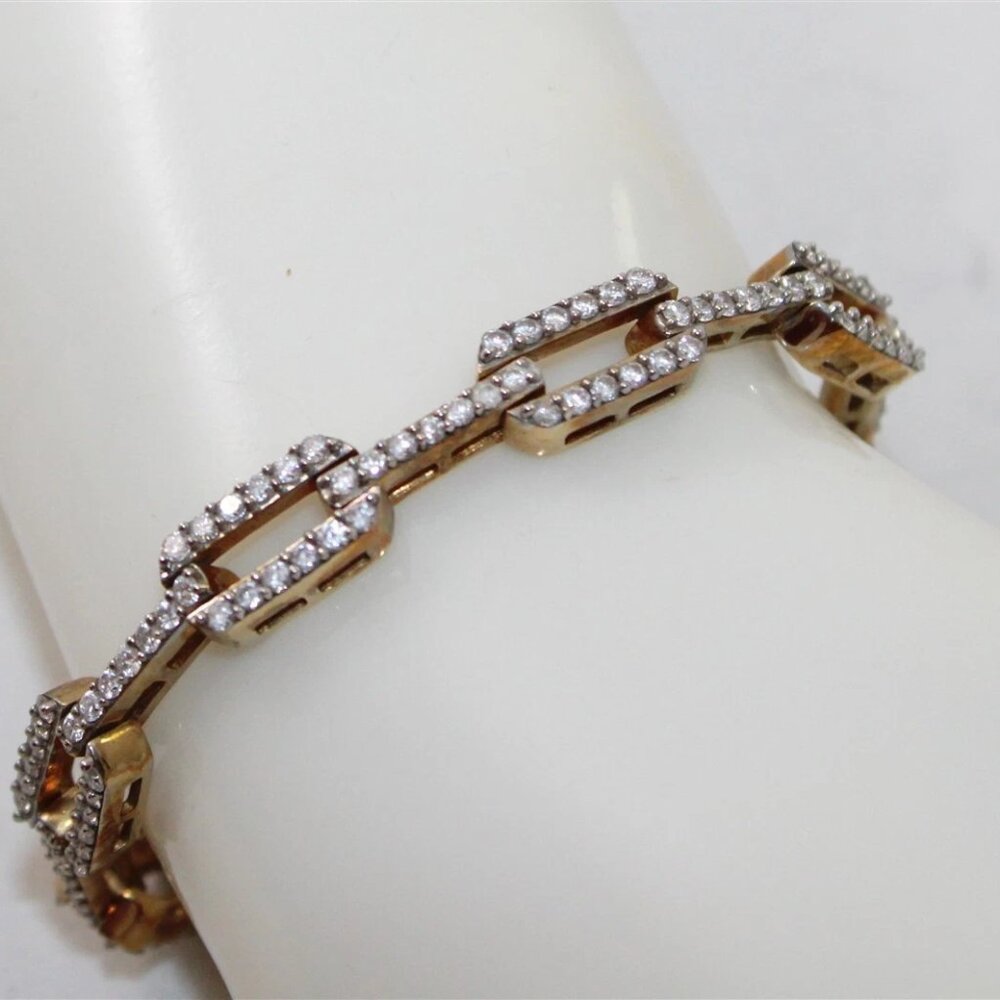 Sterling Silver SJD White CZ Pave Rectangular Link Gold tone Tennis Bracelet